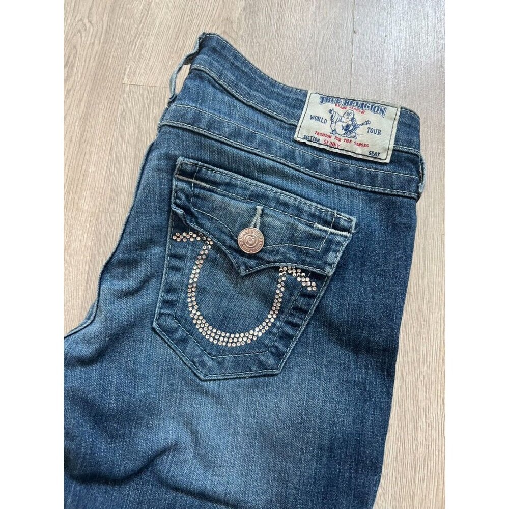 True Religion Swarovski Crystals Logo Leggings Blue Skinny Jeans Size 28 - Picture 1 of 9